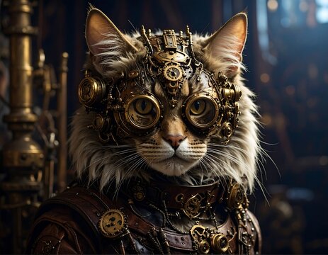A steampunk cat with goggles and mechanical parts on its head
