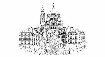 Obraz premium Sketch of Sacré-Cœur Basilica and Montmartre neighborhood in Paris, France