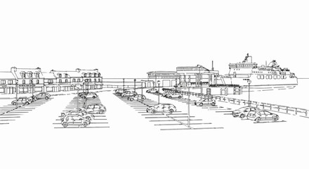 Fototapeta premium Sketch of a coastal town with a ferry docked at a pier, lined with parked cars