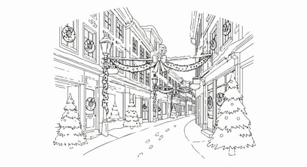 Obraz premium Snowy street lined with shops decorated for Christmas