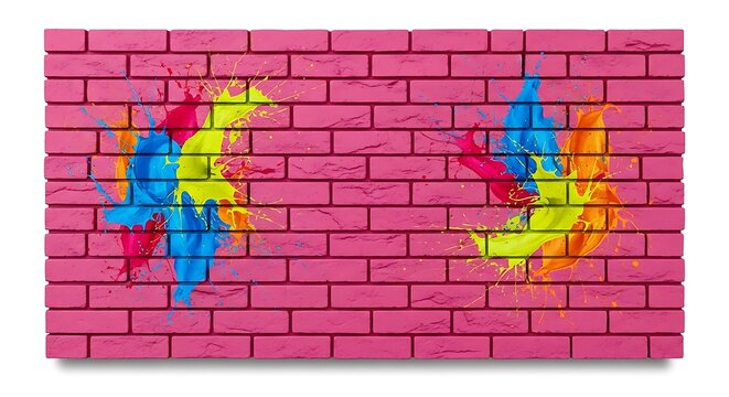 A pink brick wall with colorful graffiti on it