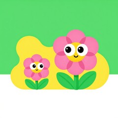 Obraz premium Cute Cartoon Flowers with Big Eyes Smiling on Yellow and Green Background Vector Illustration Isolated Flat Design