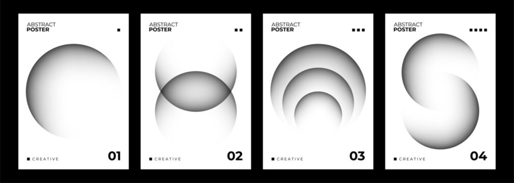 Set of futuristic abstract posters. Defocused black spheres on white background for creative graphic design. Vector illustration.
