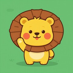 Fototapeta premium Cute Cartoon Lion Cub Waving Hello in Friendly Greeting Pose with Big Mane and Rosy Cheeks on Solid Green Background