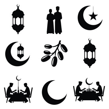 Ramadan Kareem and Eid Mubarak Silhouette Set - Islamic Lantern and Crescent Moon Icons - Iftar Dinner and Muslim Prayer Symbols - Traditional Arabic Culture Vector Elements.