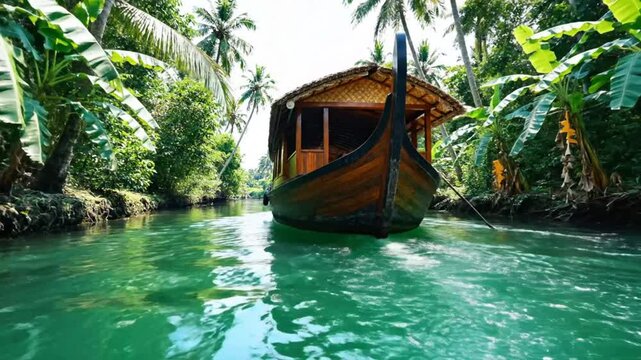 Wooden Houseboat Navigating Tranquil Green Waters of Kerala, India, Framed by Lush Green Foliage