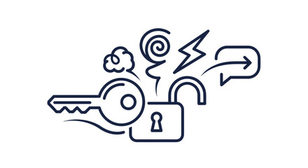 Obraz premium Unlock Ideas: Key, Open Padlock, Lightbulb, Speech Bubble, Abstract Symbols