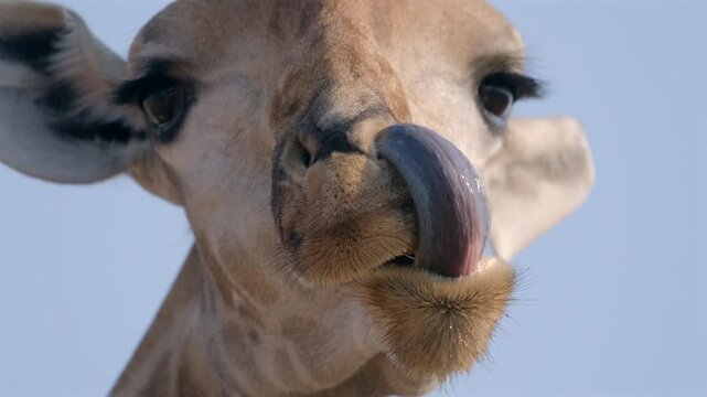 Funny close-up headshot of a giraffe looking into the camera, using its long tongue to lick and clean its nostrils after drinking at a waterhole, slow motion shot in Botswana