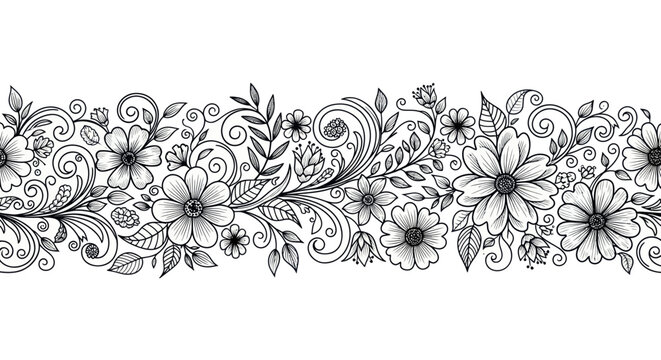 Hand-drawn floral border, whimsical flowers and leaves, black and white illustration
