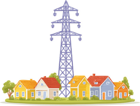A flat vector illustration depicts a generic decentralized energy grid icon with houses sharing power, symbolizing an energy democracy concept in muted blue and yellow hues
