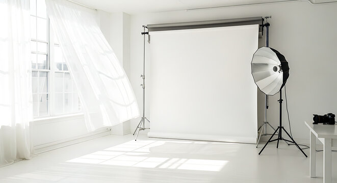 Lighting setup with softbox and professional photography equipment in studio space Vector