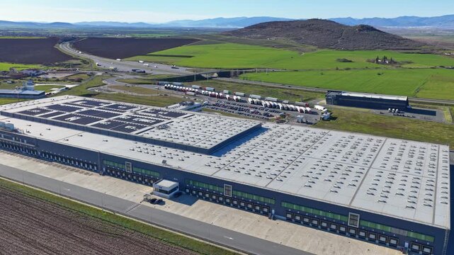 Aerial drone view to big transport logistics center on the Trakia motorway near to Sliven, Bulgaria