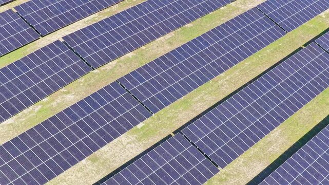 Aerial drone view to a solar panels in solar park in Stara Zagora Region, Bulgaria