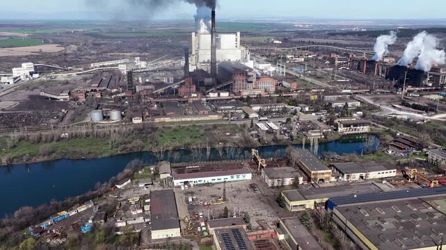Aerial view to a coal-fired power plant in Eastern Europe, Stara Zagora Region, Bulgaria