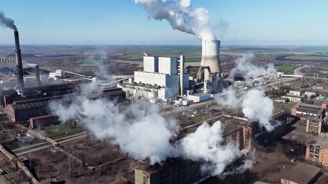 Aerial view to a coal-fired power plant in Eastern Europe, Stara Zagora Region, Bulgaria