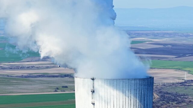 Aerial view to big chimney a coal-fired power plant in Eastern Europe, Stara Zagora Region, Bulgaria
