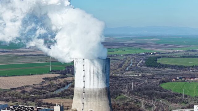 Aerial view to big chimney a coal-fired power plant in Eastern Europe, Stara Zagora Region, Bulgaria