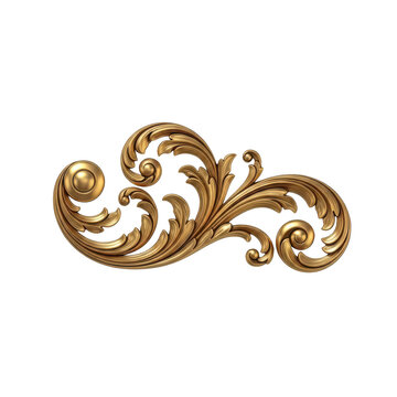 Golden baroque acanthus leaf ornament isolated on transparent background