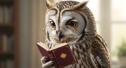 wise owl wearing glasses reading book in library symbolizing knowledge education intelligence and learning with soft indoor lighting and blurred background