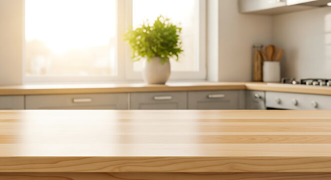 Modern kitchen island with wooden countertop and green plant decoration Vector
