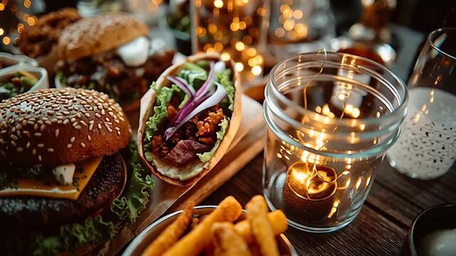 Delicious burgers and tacos with fries on wooden board at night