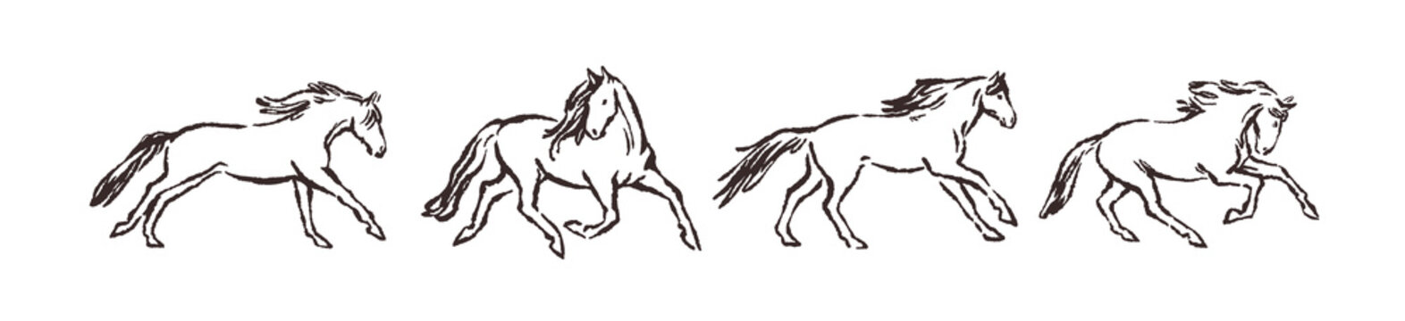 Doodle outline horse sketches set. Chalk line drawing of equine animals running, standing, jumping. Hand-drawn charcoal foals, contour style. Handdrawn vector illustration isolated on white background