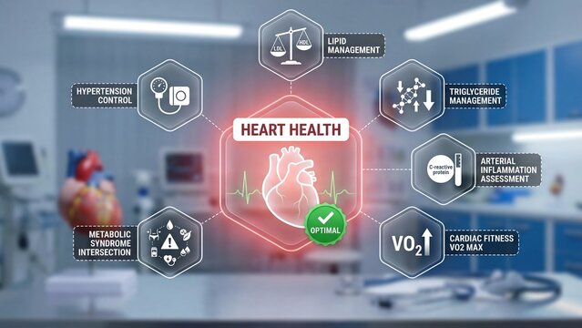  Heart health digital infographic with medical icons showing cardiovascular risk factors, lipid management, and fitness metrics in clinical setting
