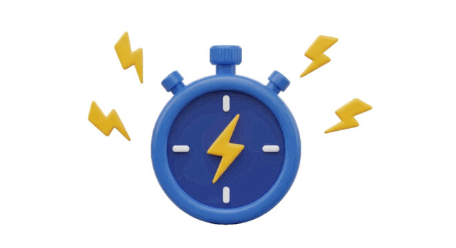 Vector illustration&nbsp;of 3d render of a blue stopwatch with a yellow lightning bolt icon on a transparent background