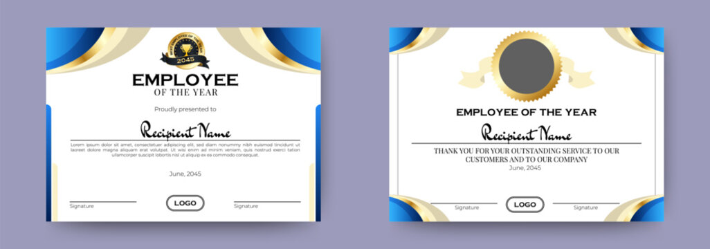 Employee of the Year Certificates Template Design Set. Editable Printable Certificate Template, Best Employee, Custom Gift Award, Employee Rewarding. vector