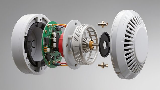 Smoke detector exploded view showing internal components and electronics isolated on white background