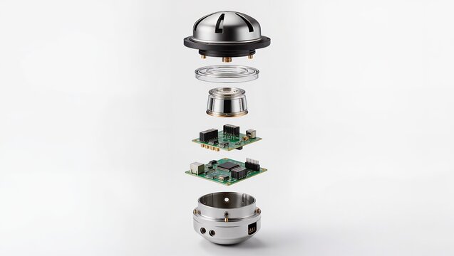 Smoke detector exploded view showing internal components and electronics isolated on white background