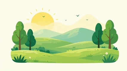 Fototapeta premium Peaceful Landscape with Sun, Rolling Green Hills, Trees, Birds, and Mountains in a Soft Vector Illustration Style Suitable for Nature Themes