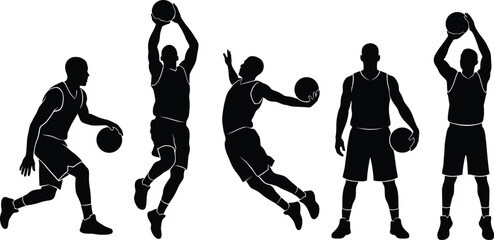 Basketball Player Silhouettes Set Action Poses Vector Illustration © AbuHuraira