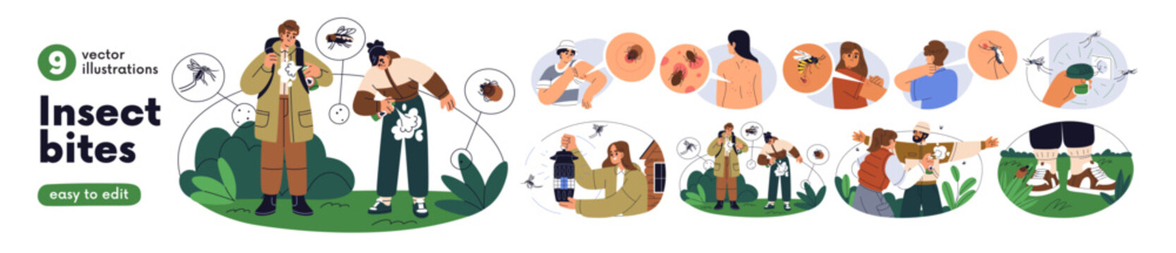 Insect bite protection and allergy symptoms set. People apply prevention spray against mosquito, wasp, mite, gnat. Rash, itch from bloodsuckers. Flat vector illustration isolated on white background