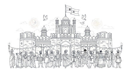 Indian Independence Day Celebration Line Art: Red Fort & People © Kuwadi