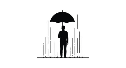 A person stands with an umbrella during rainfall depicted as a silhouette © nhpvect02