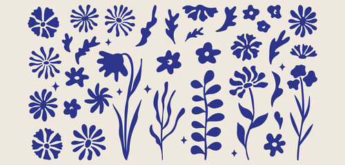Dark blue botanical doodle set, wild flower and leaf illustrations, organic nature plant graphics, hand drawn floral sketch elements, garden greenery icon symbols, dark blue ink floral collection, whi © Geetaroy