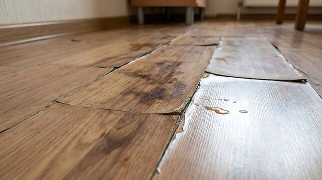 Detailed macro view of warped wooden laminate flooring in a modern apartment showing severe water damage and swelling from an accidental spill or domestic flooding incident.