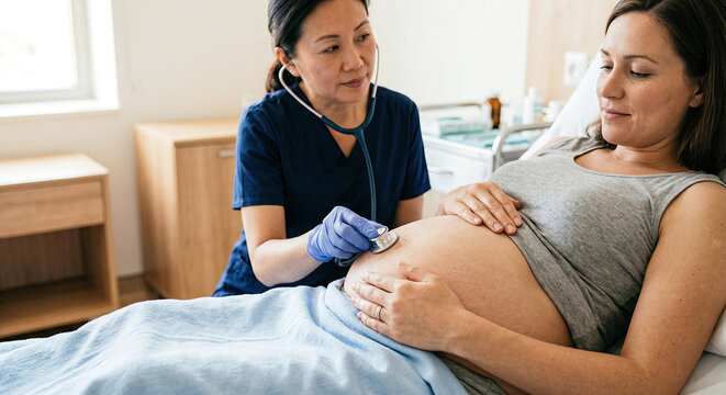 Pregnant woman receiving prenatal support from a caregiver in a bright room.generative AI