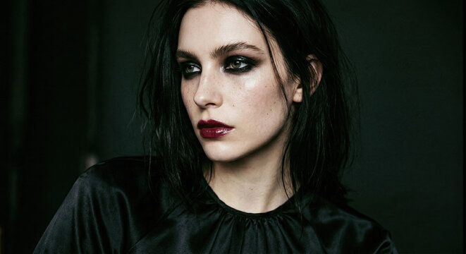 Dark editorial beauty portrait with smoky eyes and a refined gothic mood.generative AI