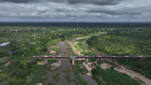 Establishing shot, Aerial view of Kruger Shalati The Train on the Bridge in South Africa.