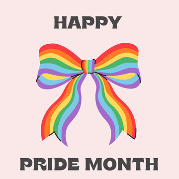 Queer Pride greeting card with hand-drawn rainbow bow ribbon. Trendy LGBTQ square poster. Coquette aesthetic pride month social media post. Inclusive design with Happy Pride Month slogan. Vector.