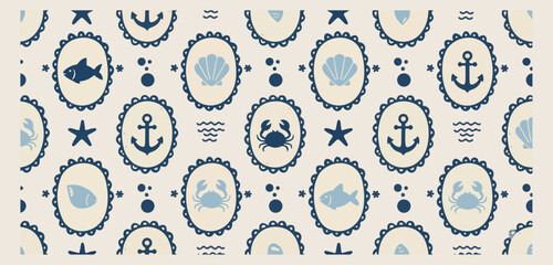 Nautical marine life frame set, sea shell and crab illustrations, ocean anchor and fish graphics, blue ink coastal border elements, maritime nature frame icons, beach theme decorative border collectio © Geetaroy