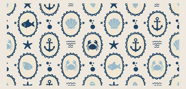 Nautical marine life frame set, sea shell and crab illustrations, ocean anchor and fish graphics, blue ink coastal border elements, maritime nature frame icons, beach theme decorative border collectio