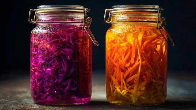 Two glass jars of fermented vegetables containing red cabbage sauerkraut and shredded orange carrots with ginger in bright backlighting against a dark background