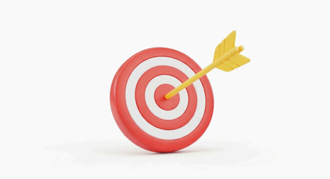 Vector illustration&nbsp;of 3d render of a yellow arrow hitting the center of a red and white target on a transparent background