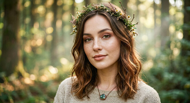 Boho woman portrait in a forest with a floral crown and soft natural light.generative AI