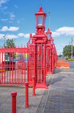 Auckland queens wharf red historic gates and streetlights