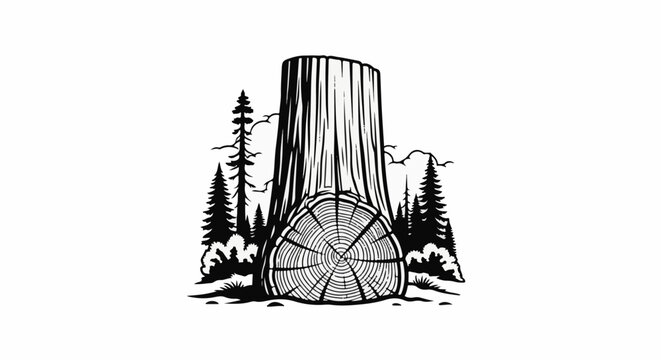 Black and white illustration of a felled tree stump surrounded by pine trees