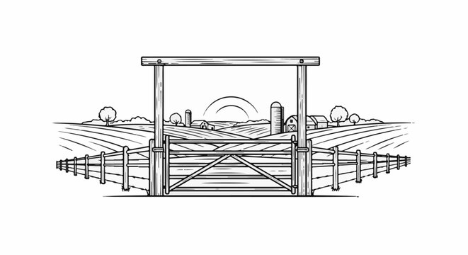 A rustic wooden gate opens to a sunlit farm with fields and barns